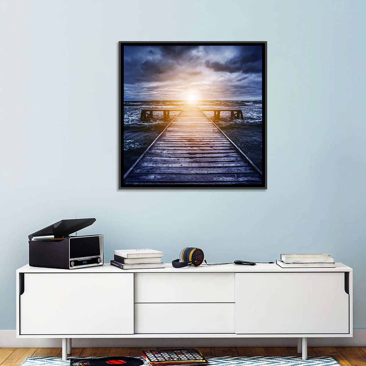 Sunlit Wooden Jetty at Dusk Wall Art