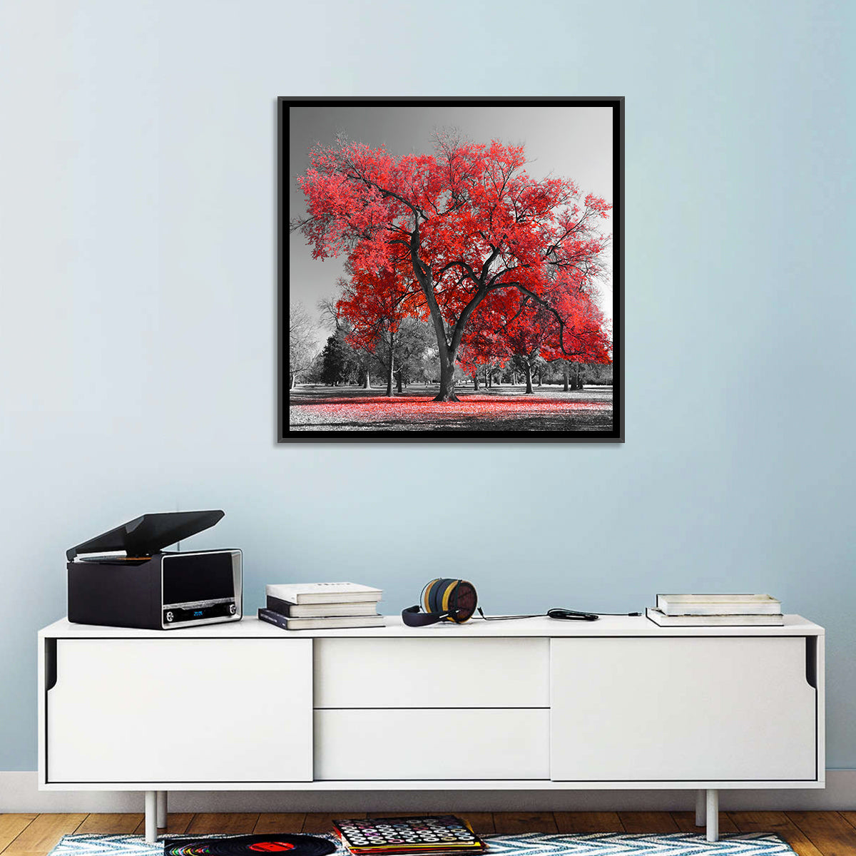 Winter Tree with Red Leaves Wall Art in a room, square