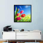 Dewy Red Tulips Under Blue Sky Wall Art