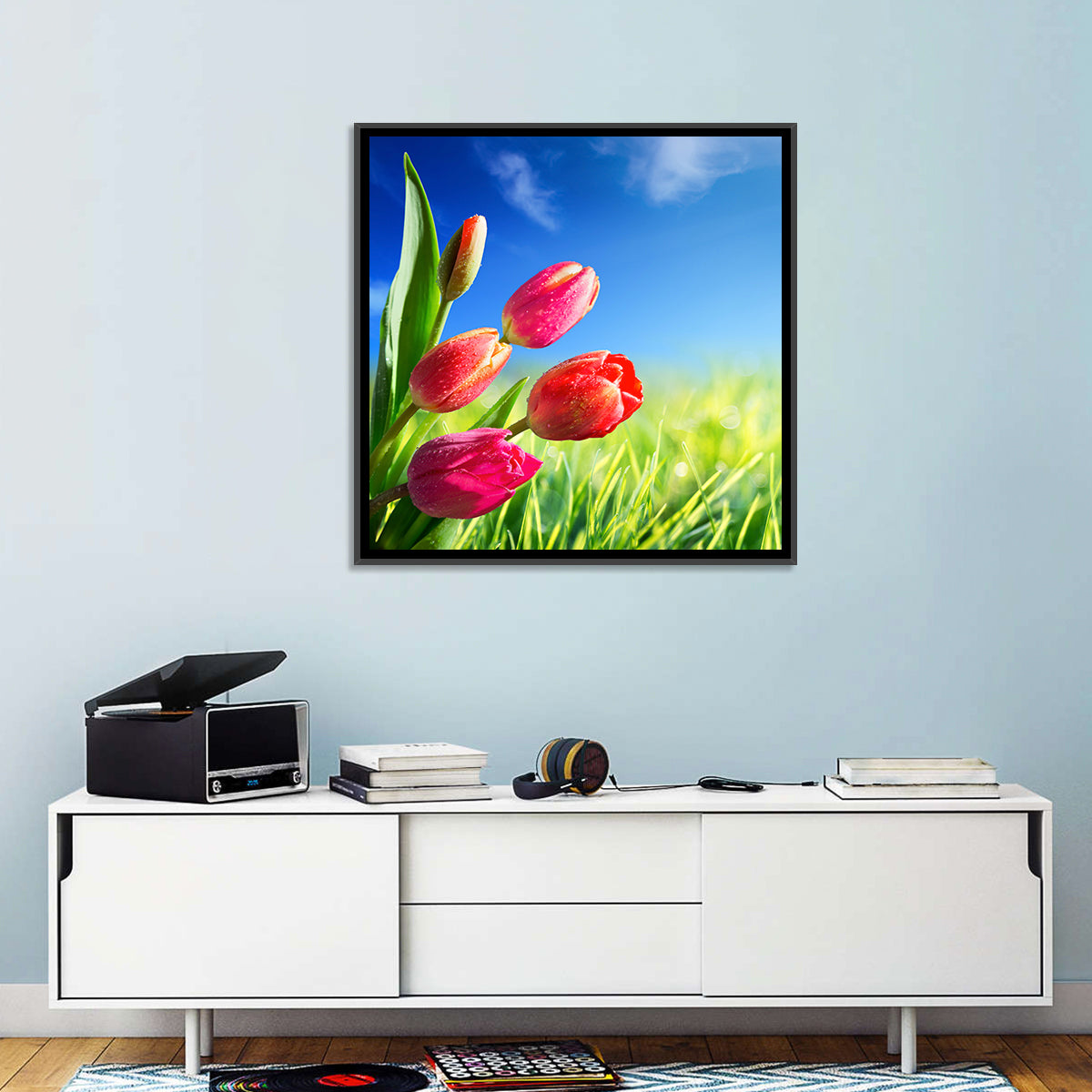 Dewy Red Tulips Under Blue Sky Wall Art