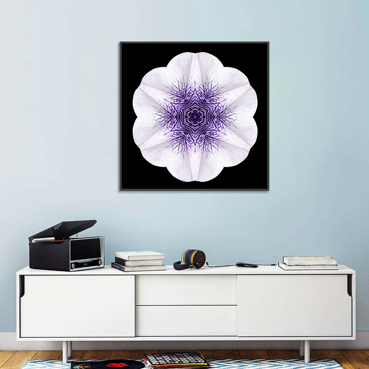 Purple Mandala Flower Kaleidoscope Wall Art in a room, square