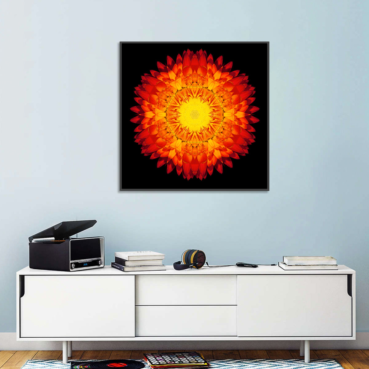 Radiant Red Kaleidoscopic Mandala Flower Wall Art in a room, square