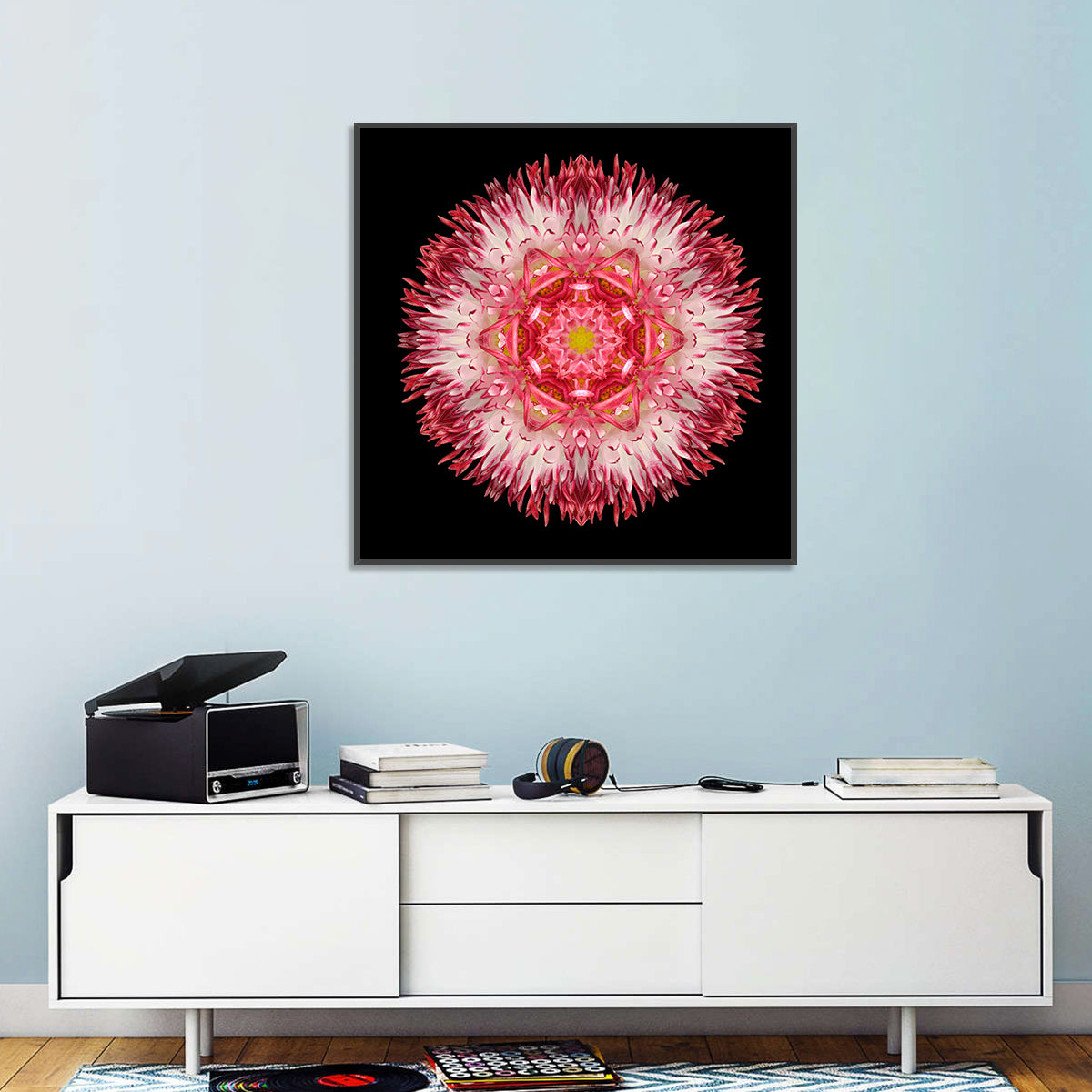 Magenta Chrysanthemum Star Mandala Wall Art in a room, square