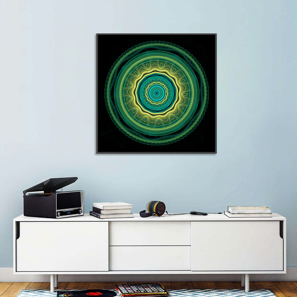 Hypnotic Teal Glow Mandala Wall Art in a room, square