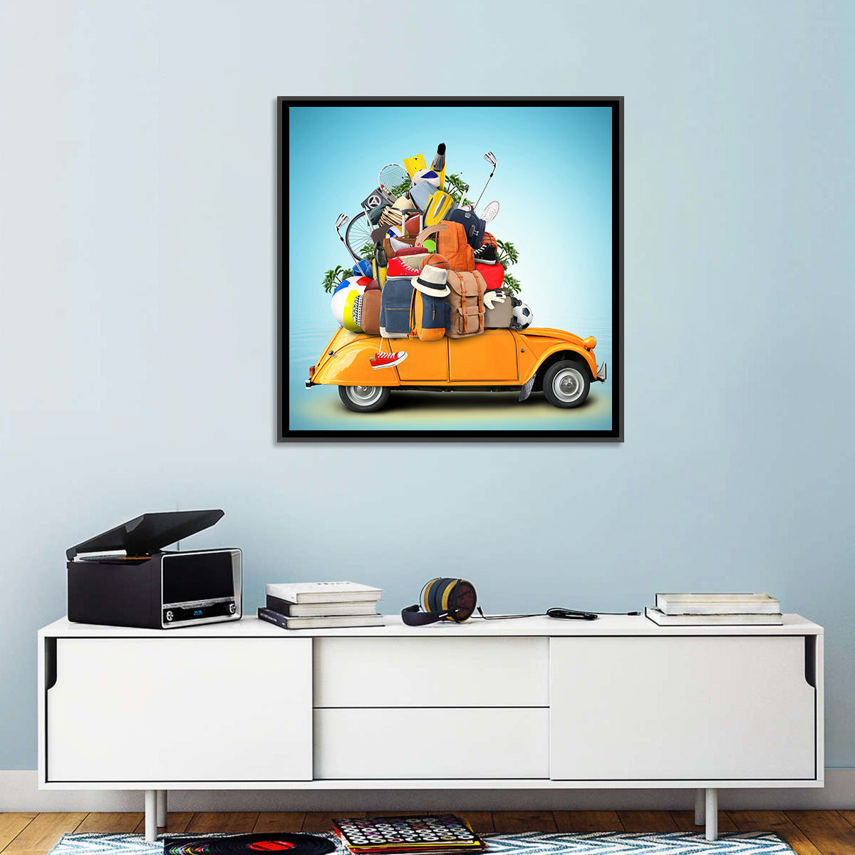 Orange Vintage Car Road Trip Getaway Wall Art in a room, square