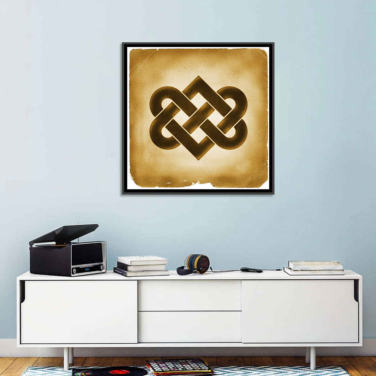 Gold Celtic Heart Knot Wall Art in a room, square