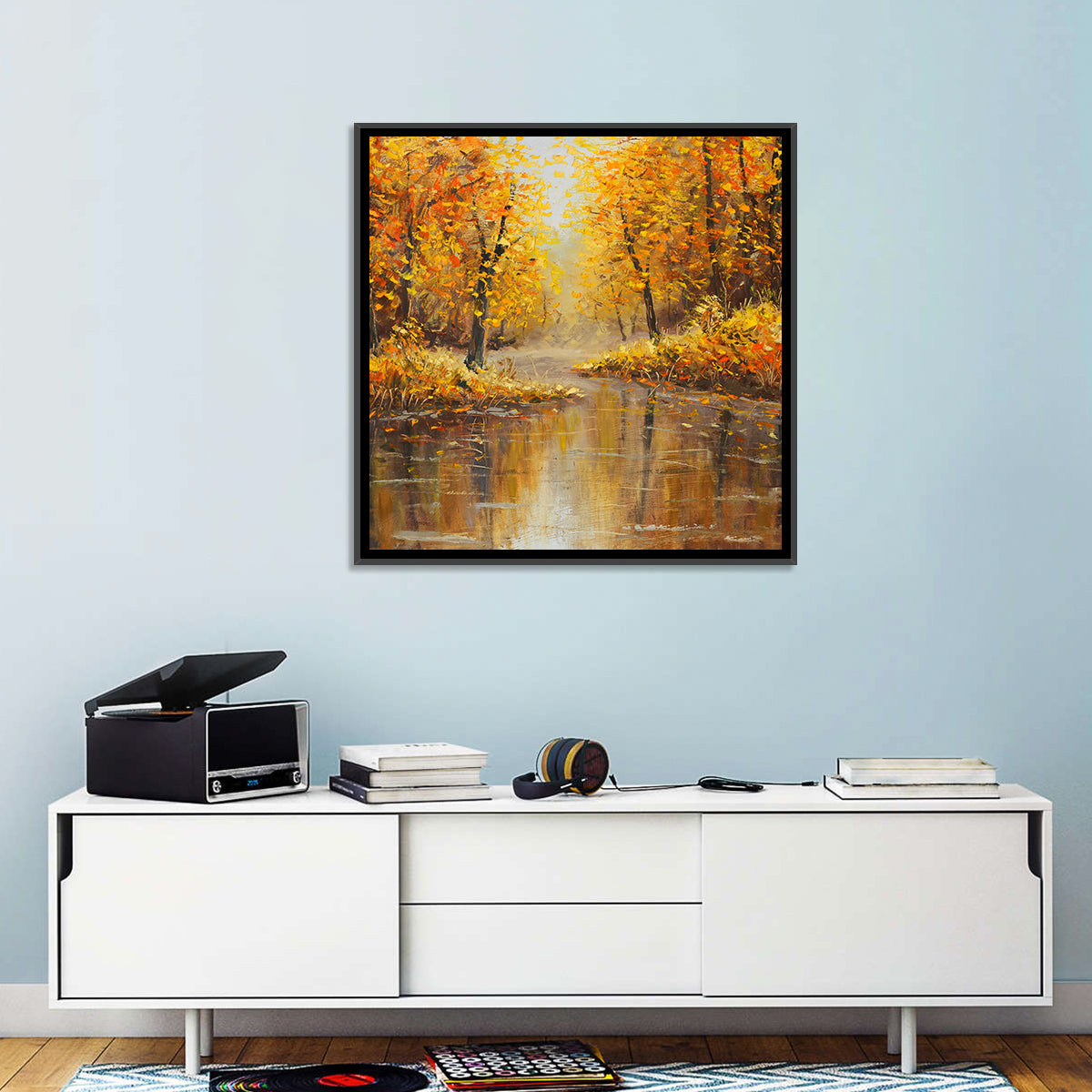 Golden Autumn River Reflection Wall Art in a room, square