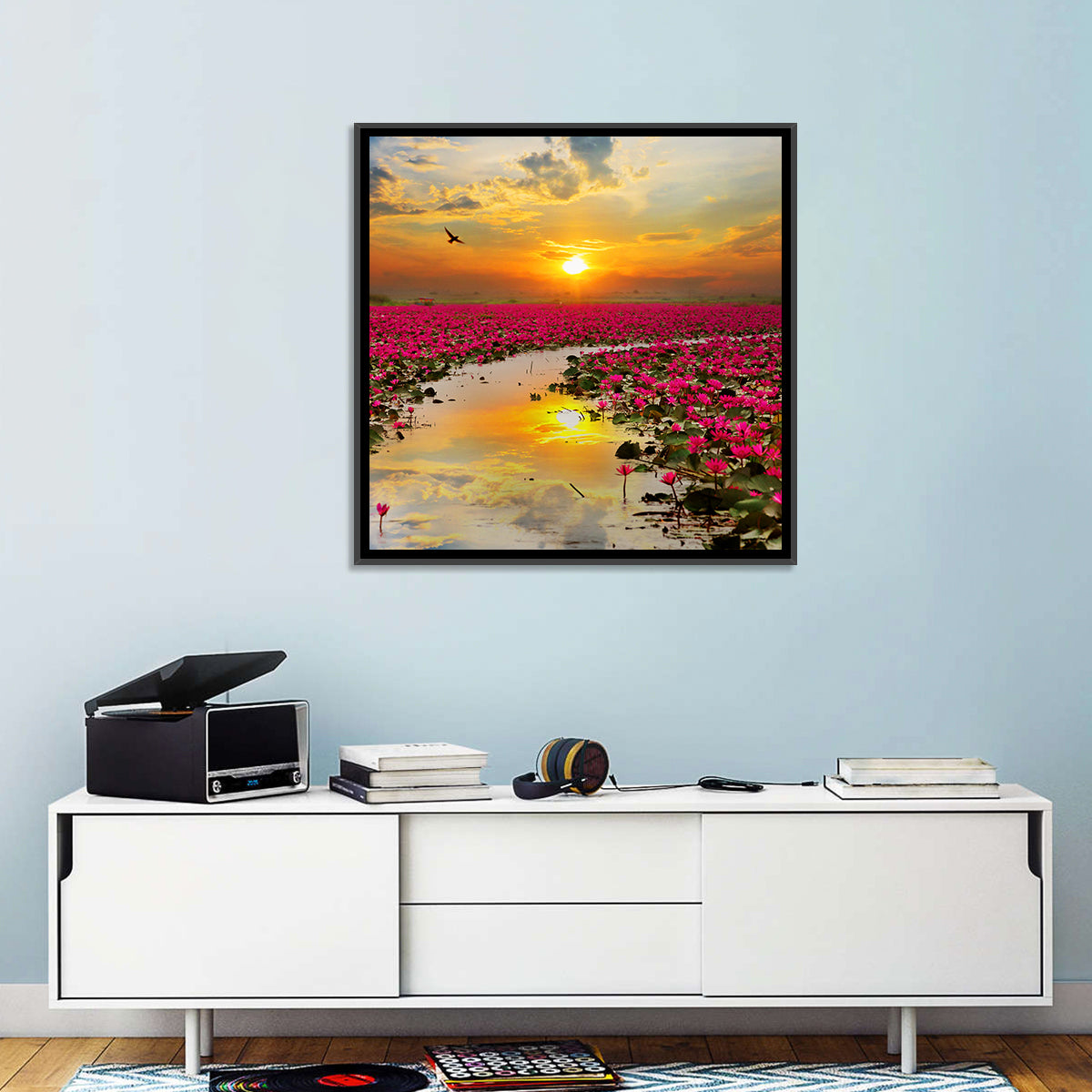 Golden Hour Lotus Field Wall Art in a room, square