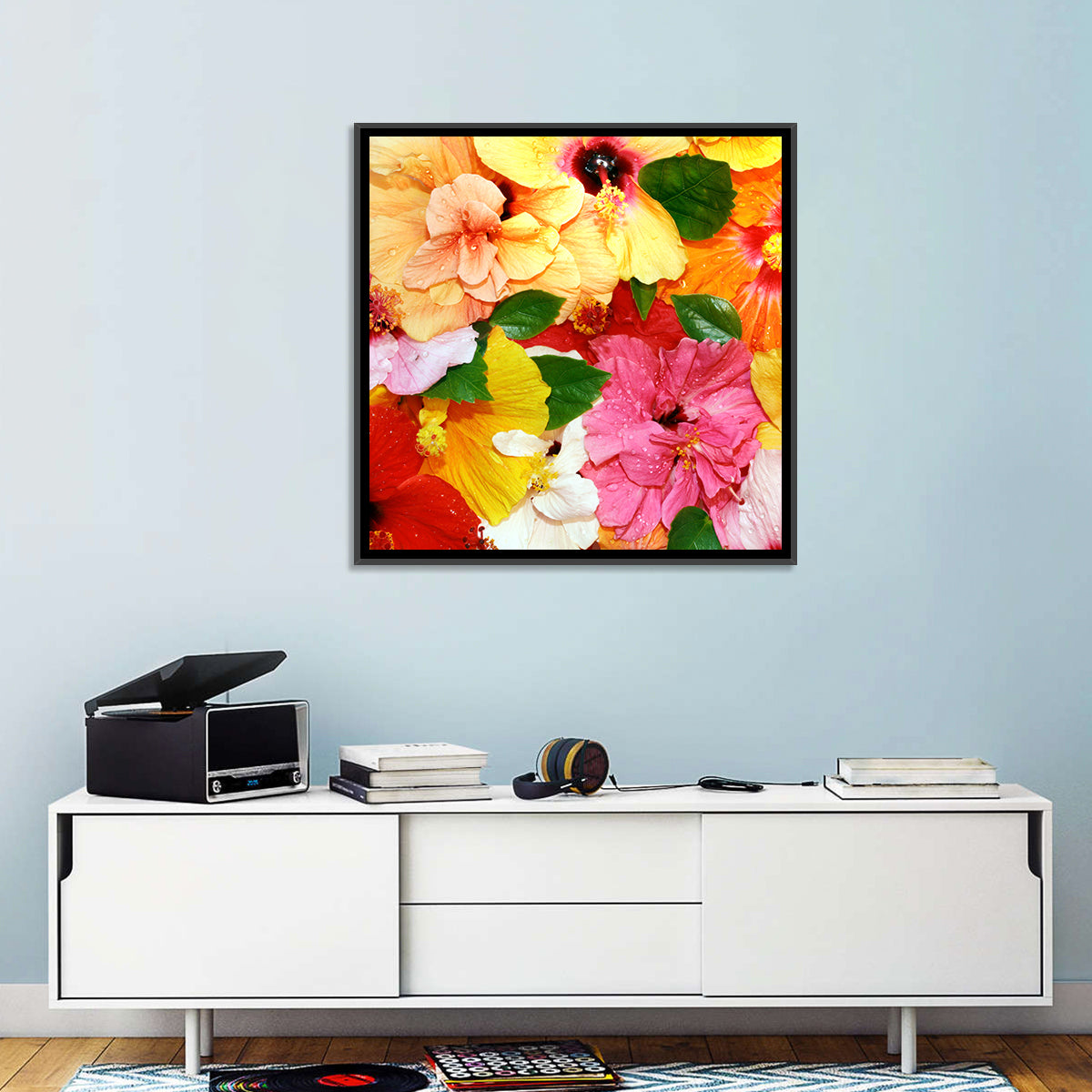 Vibrant Hibiscus Close-up Wall Art in a room, square