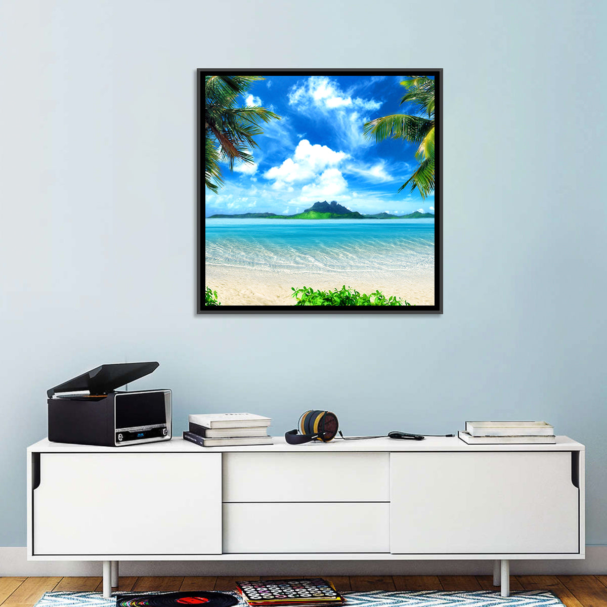 Palm-framed Tropical Island Beach Wall Art in a room, square