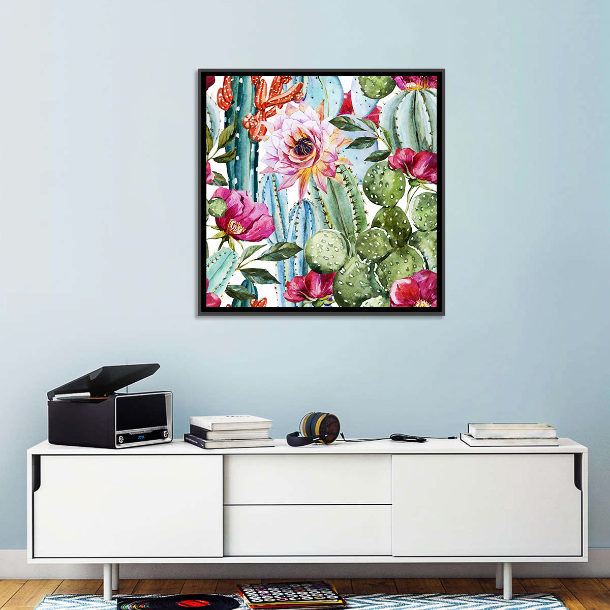 Watercolor Cactus Pattern Wall Art in a room, square