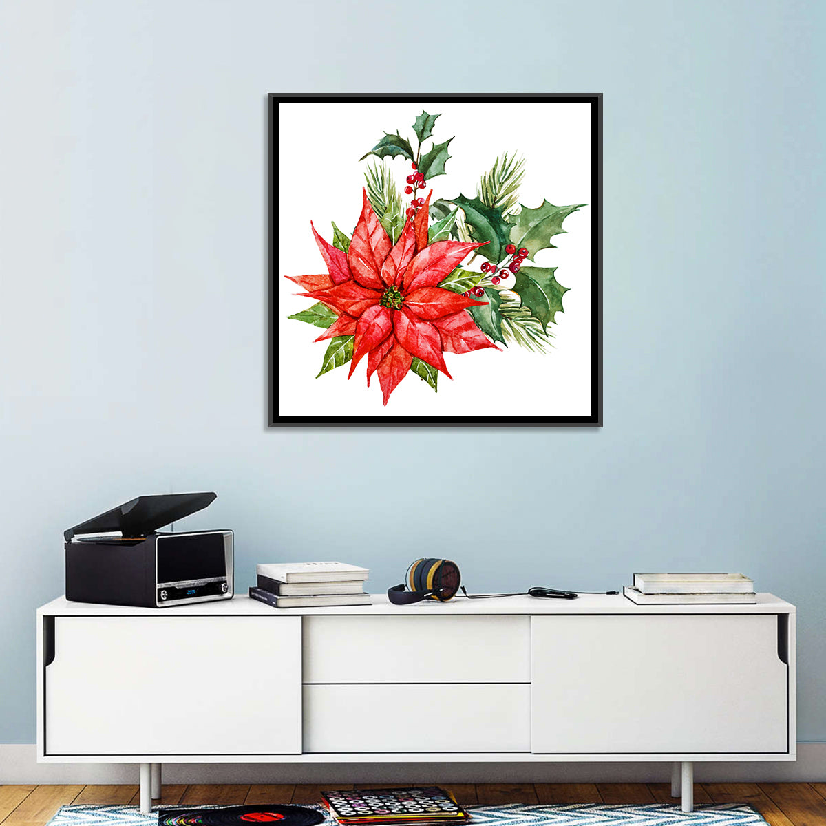Christmas Poinsettia Watercolor Wall Art in a room, square