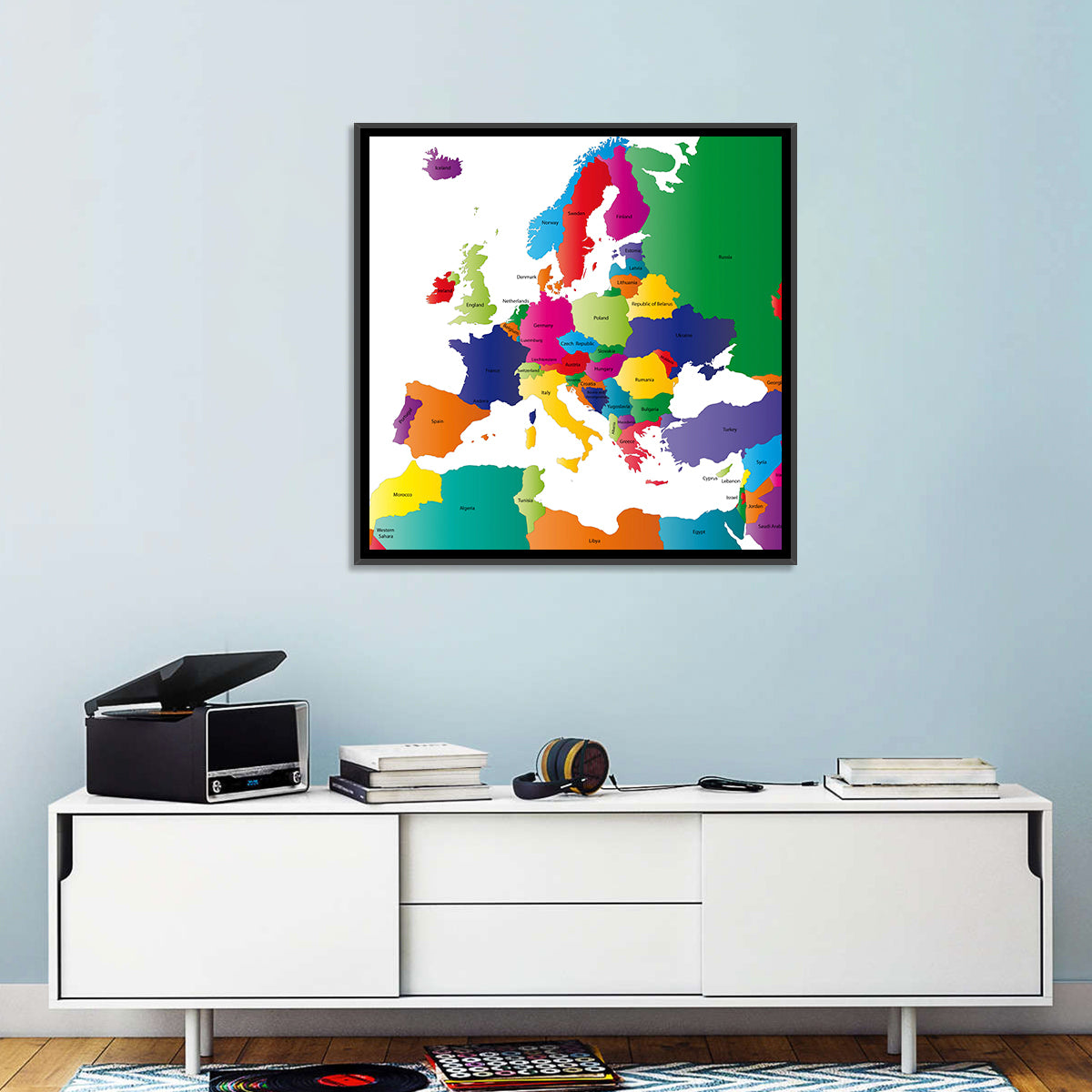 Modern Coloured Map of Europe Wall Art in a room, square