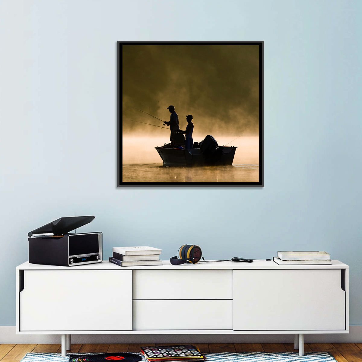 Misty Lake Fishing Wall Art in a room, square
