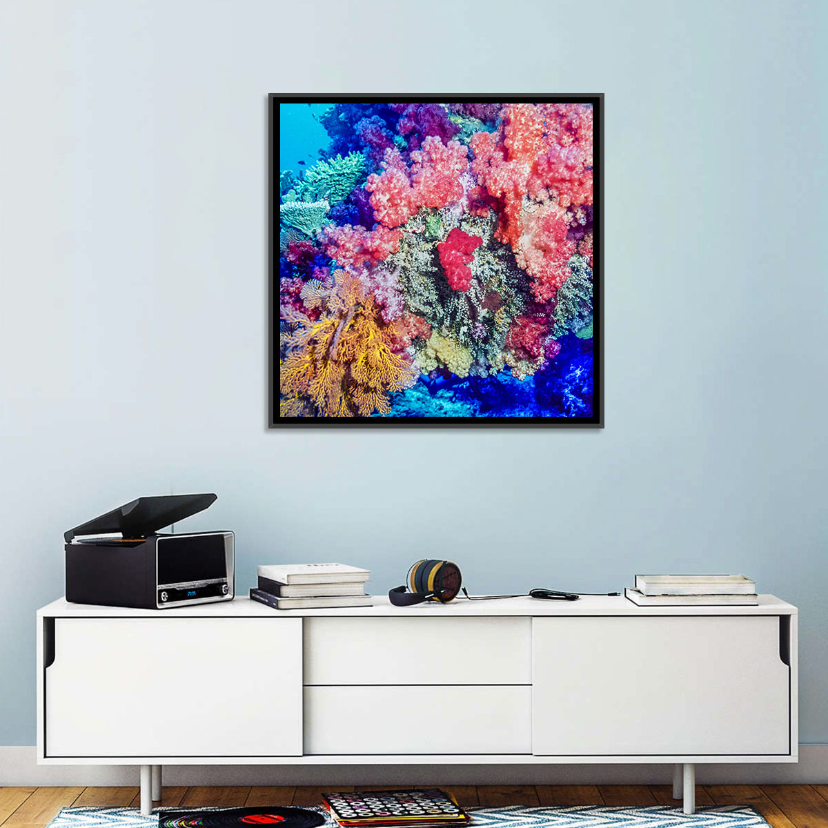 Vibrant Coral Reef Wall Art in a room, square