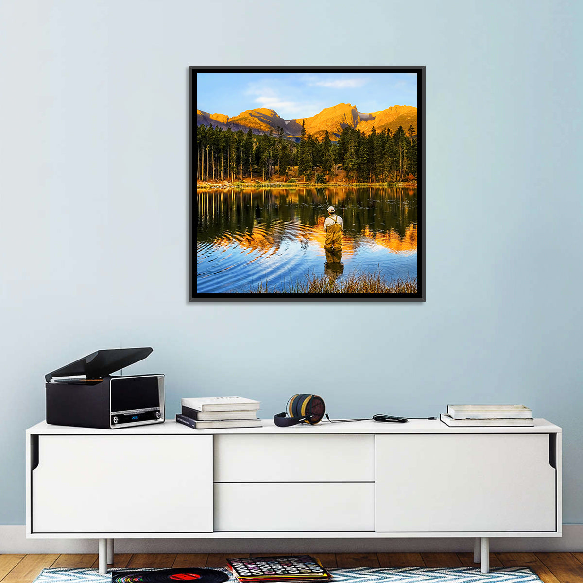 Sunrise Fishing at Sprague Lake Wall Art in a room, square