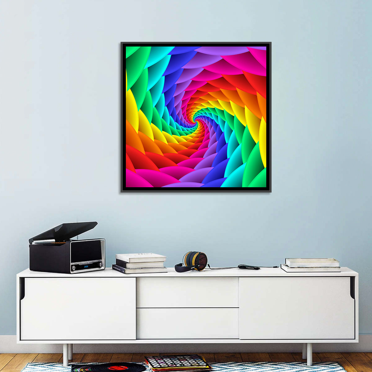 Rainbow Spiral Vortex Tunnel Wall Art in a room, square