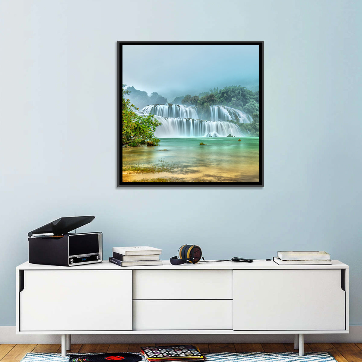Ban Gioc Waterfalls Misty Morning Wall Art in a room, square