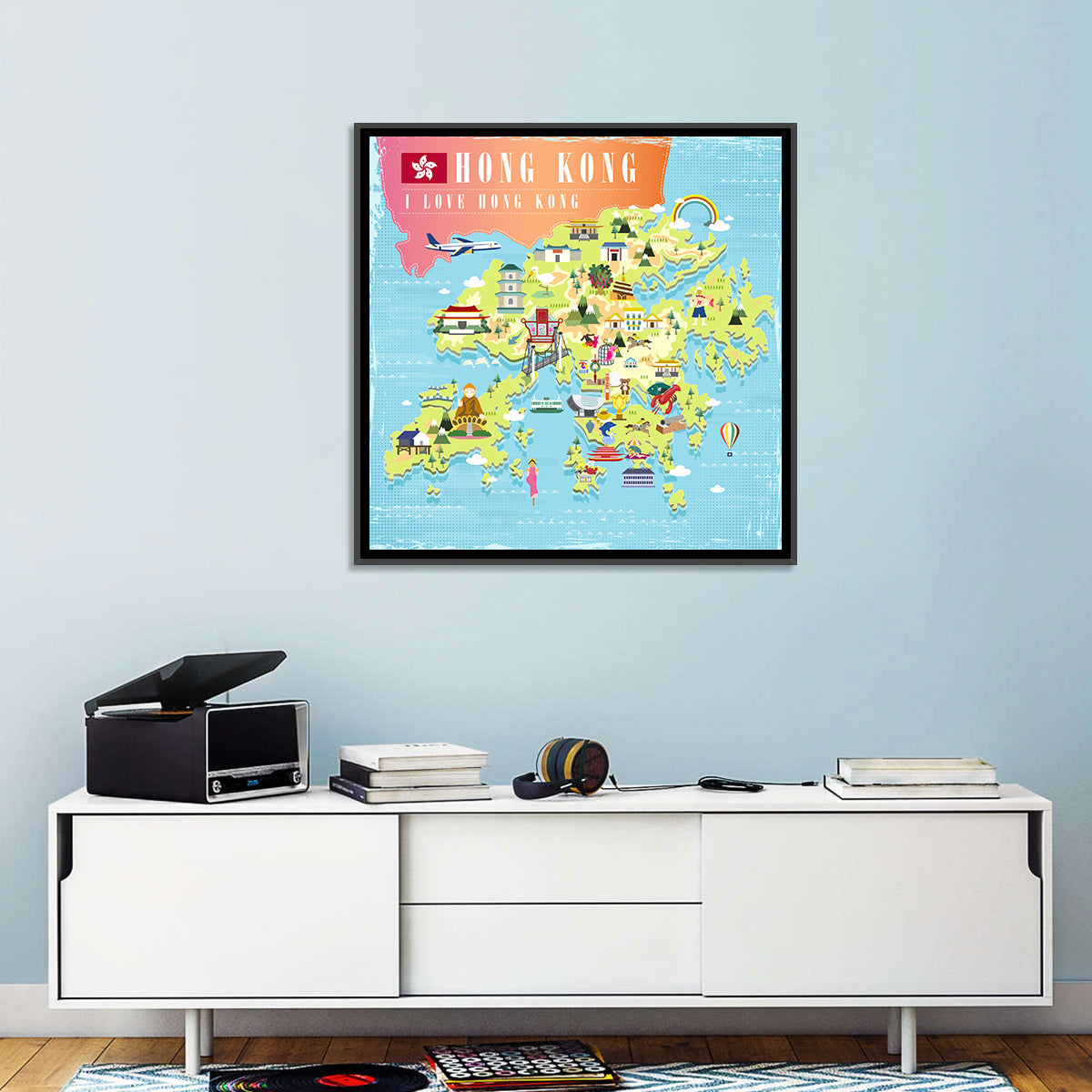 I Love Hong Kong Illustrated Cultural Map Wall Art in a room, square