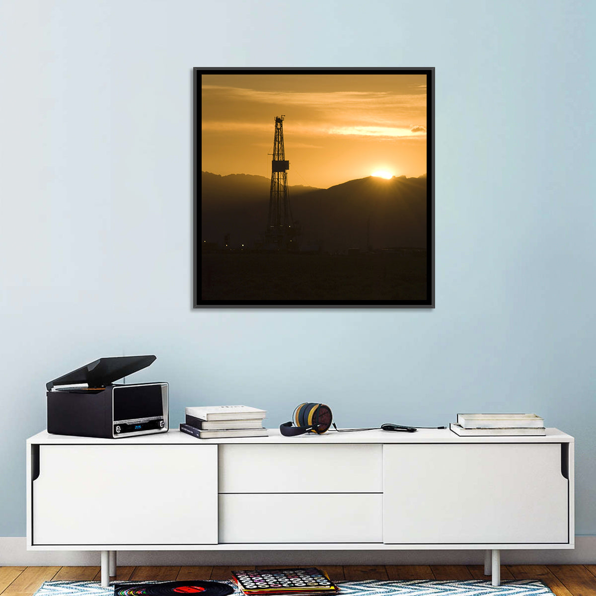 Sunrise Over Drilling Rig Wall Art in a room, square