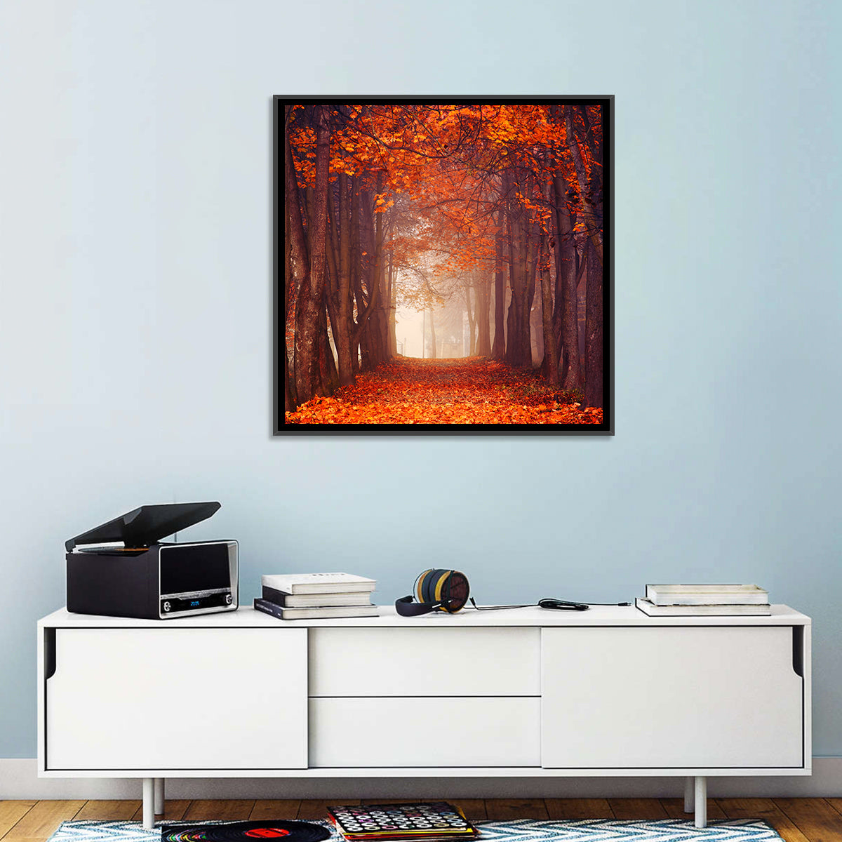 Misty Autumn Forest Path Wall Art in a room, square