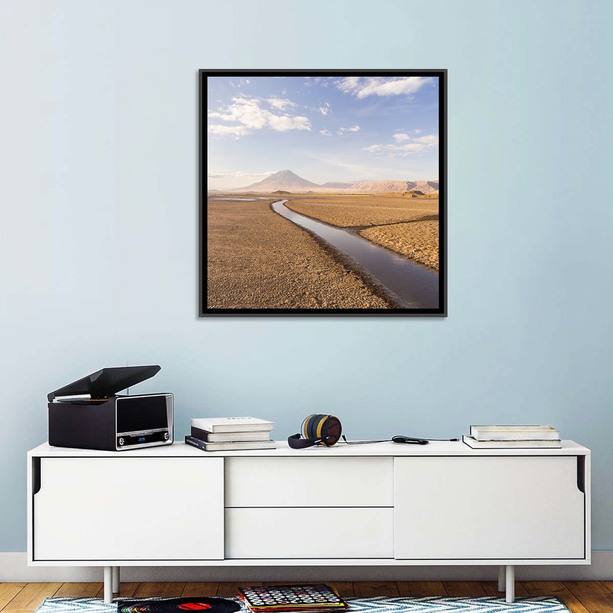 Lake Natron with Ol Doinyo Lengai Wall Art in a room, square