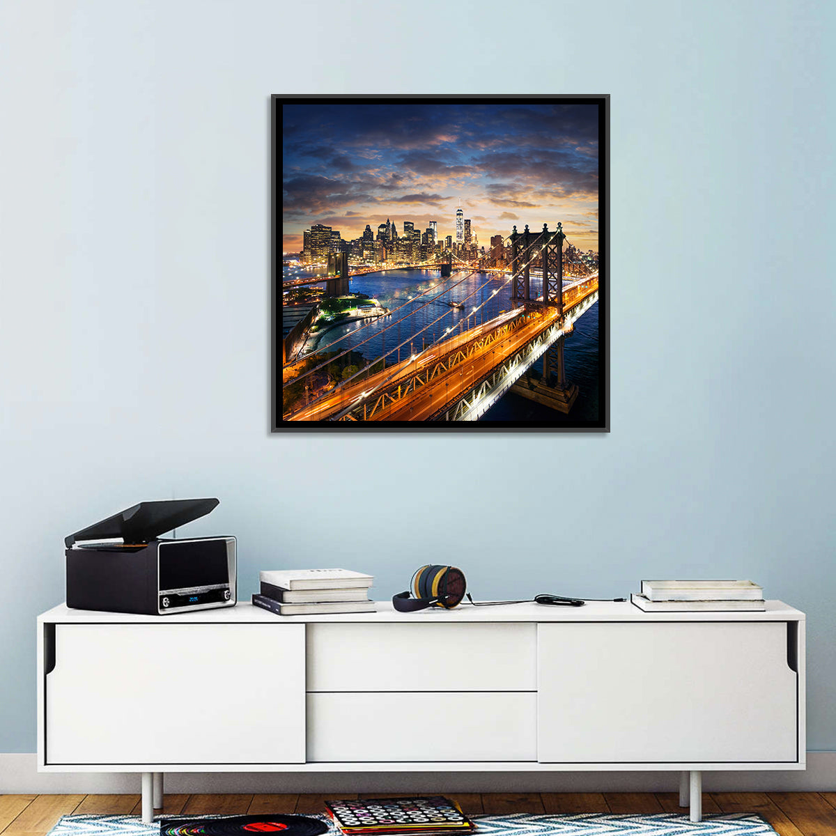 Manhattan Bridge Dusk Light Trails Wall Art in a room, square