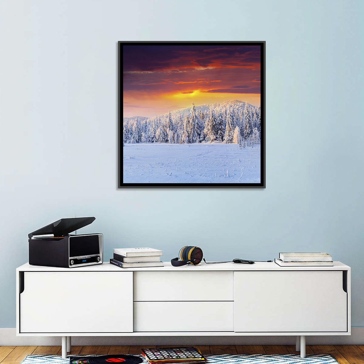 Snowy Forest Sunset Wall Art in a room, square