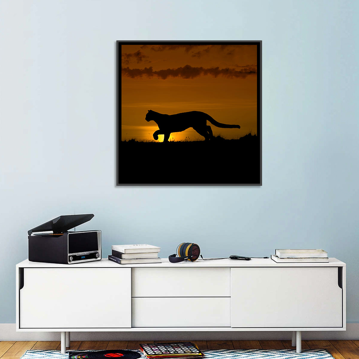 Cougar Silhouette at Sunset Wall Art in a room, square