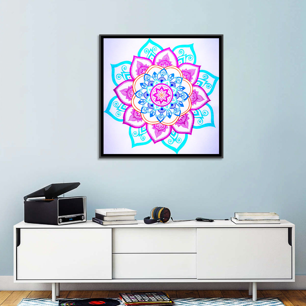 Vibrant Hand-drawn Mandala Flower Pattern Wall Art in a room, square
