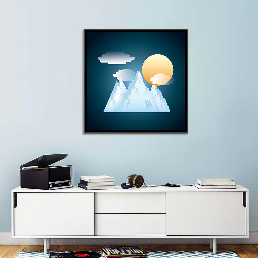 Geometric Snowy Mountain with Golden Sun Wall Art
