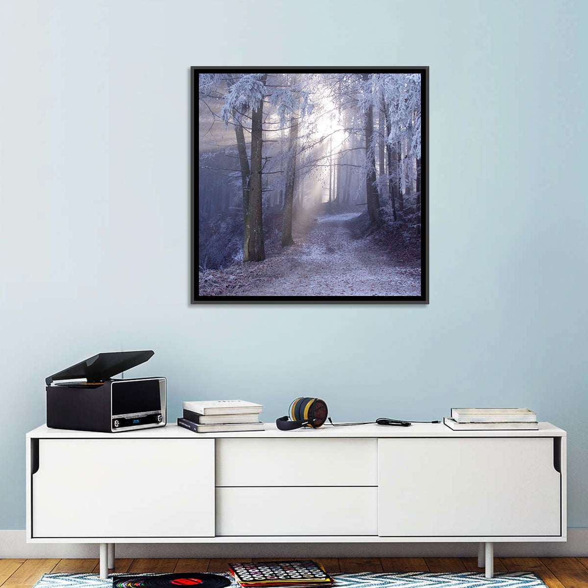 Frosted Forest Path at Dawn Wall Art in a room, square