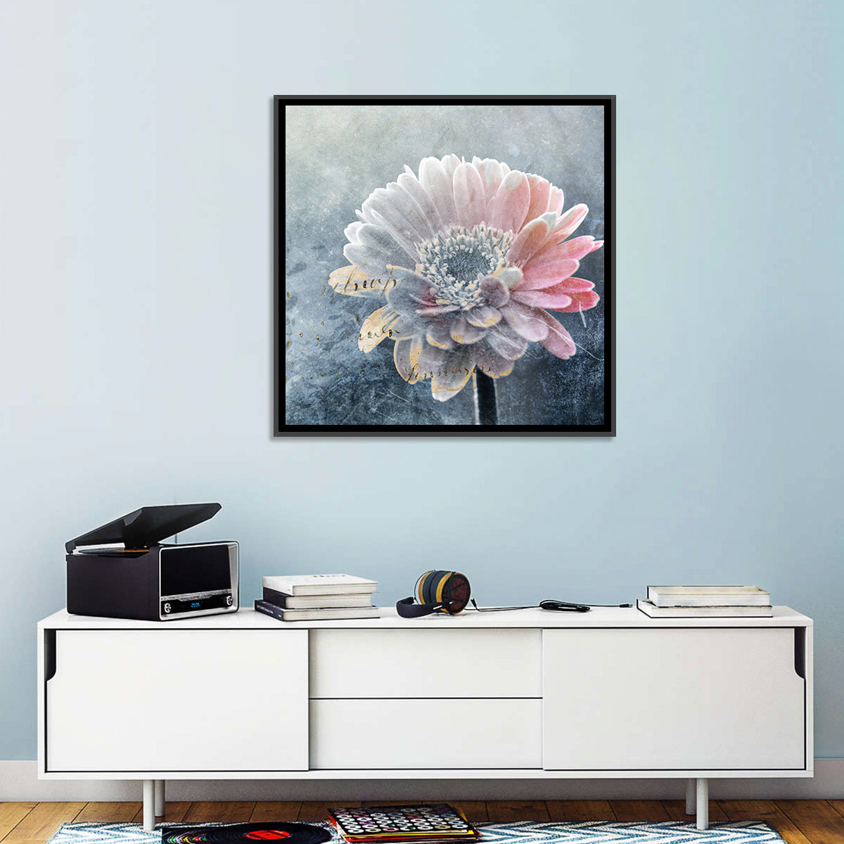 Winter Gerbera with Golden Script Wall Art in a room, square