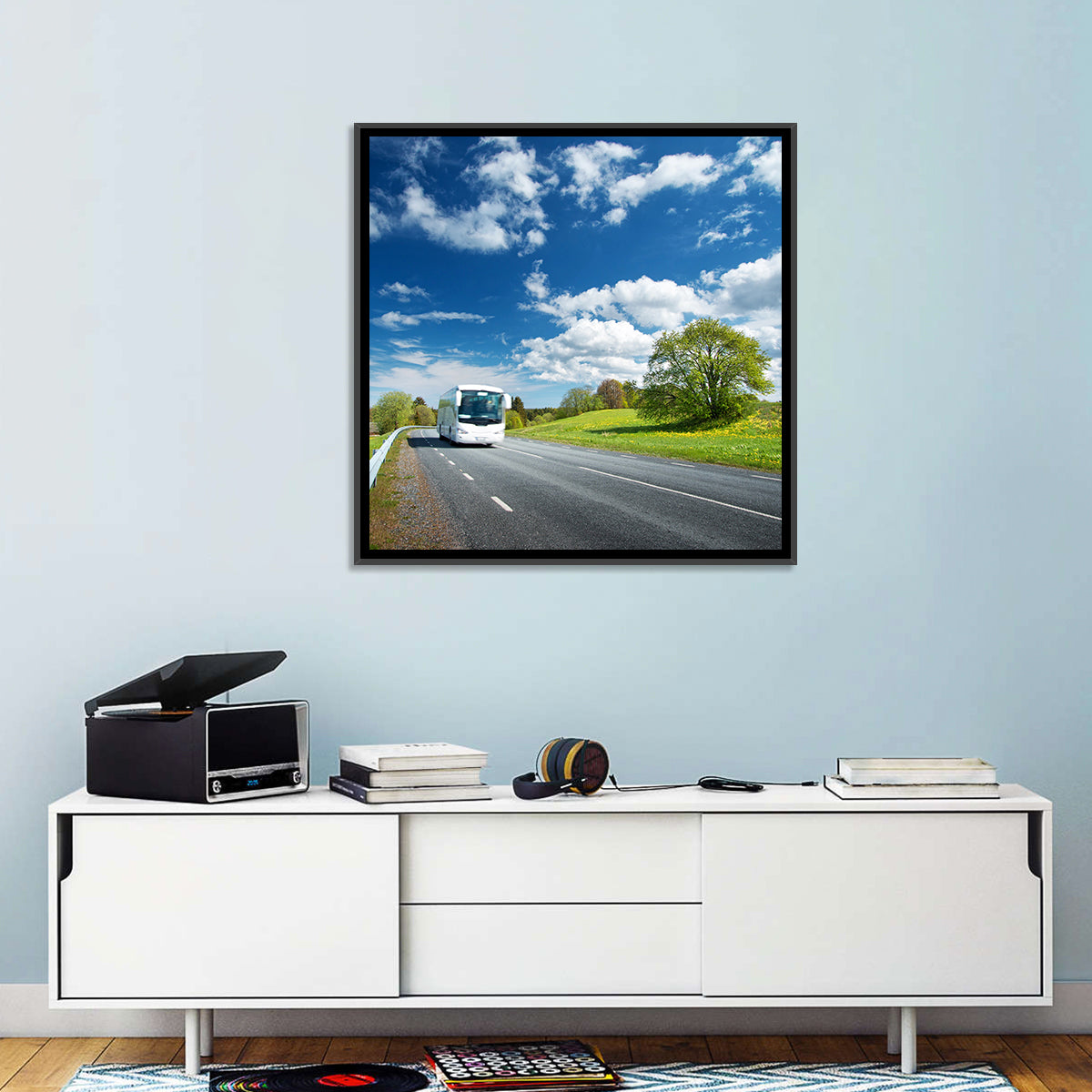 White Bus on Meadow Road Wall Art in a room, square