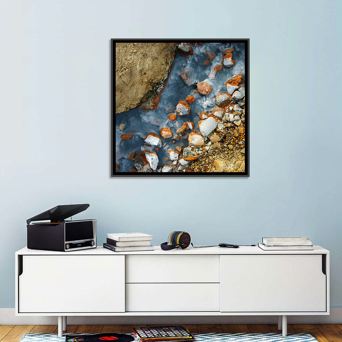 Milky Blue Geothermal Creek Wall Art in a room, square