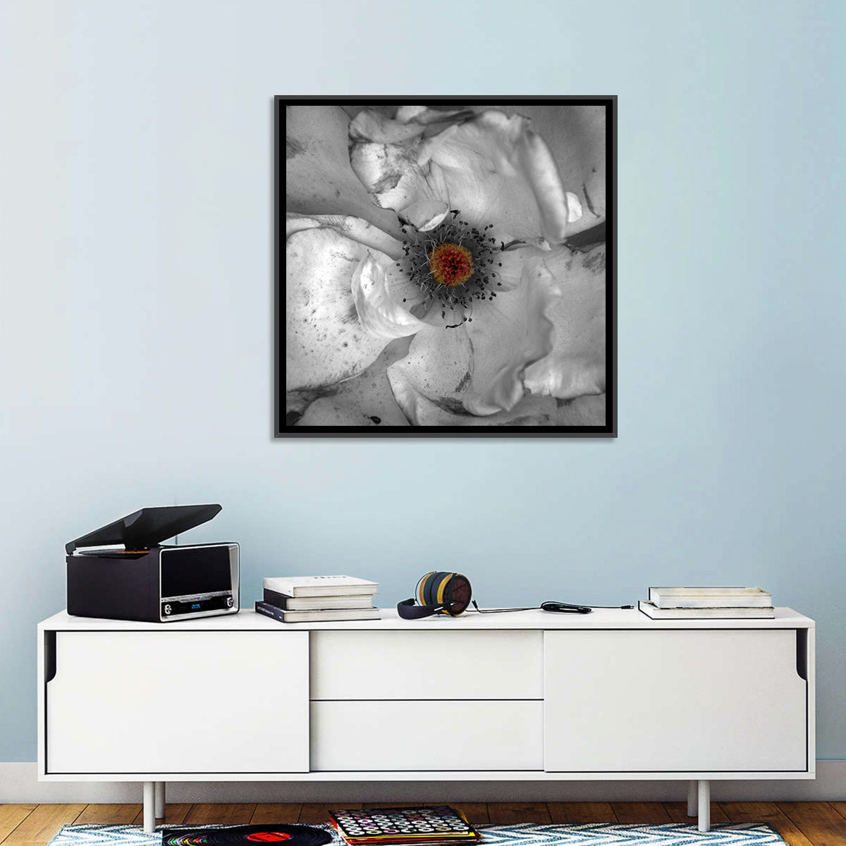 Rose Macro with Color Center Wall Art in a room, square