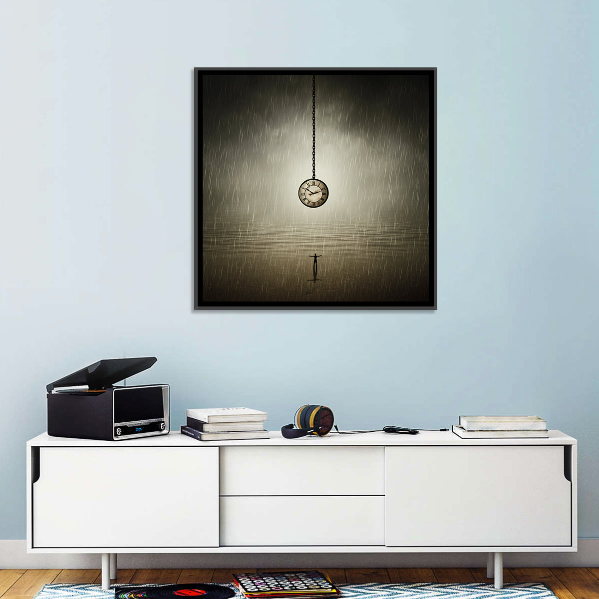 Suspended Pocket Watch in Rain Wall Art in a room, square