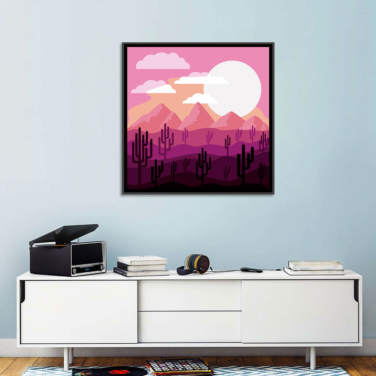 Saguaro Sunset Illustration Wall Art in a room, square
