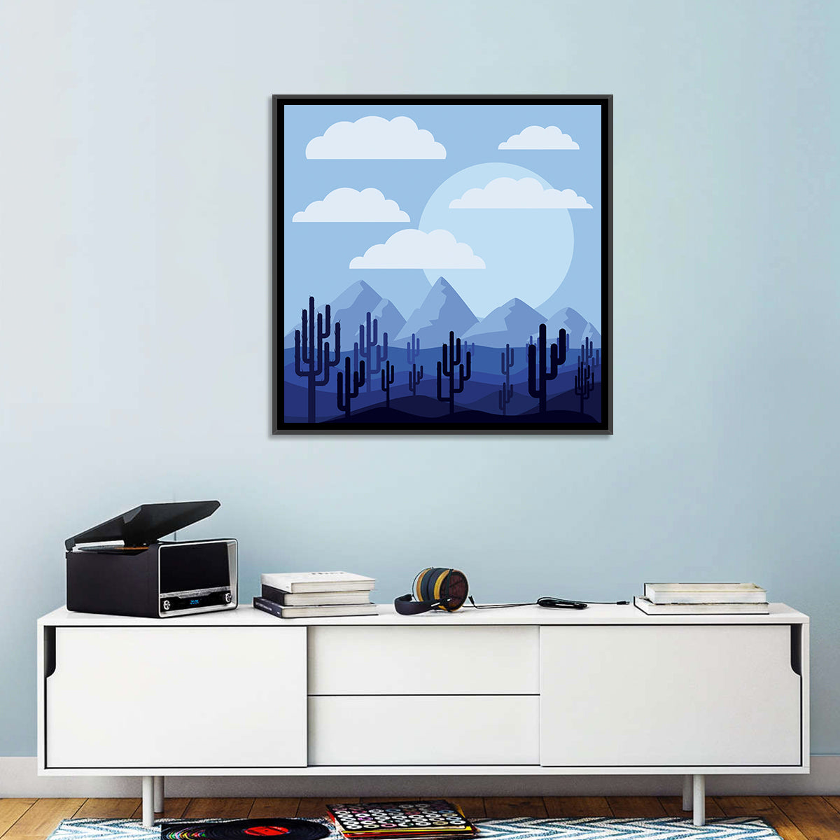 Blue Desert Cactus Illustration Wall Art in a room, square