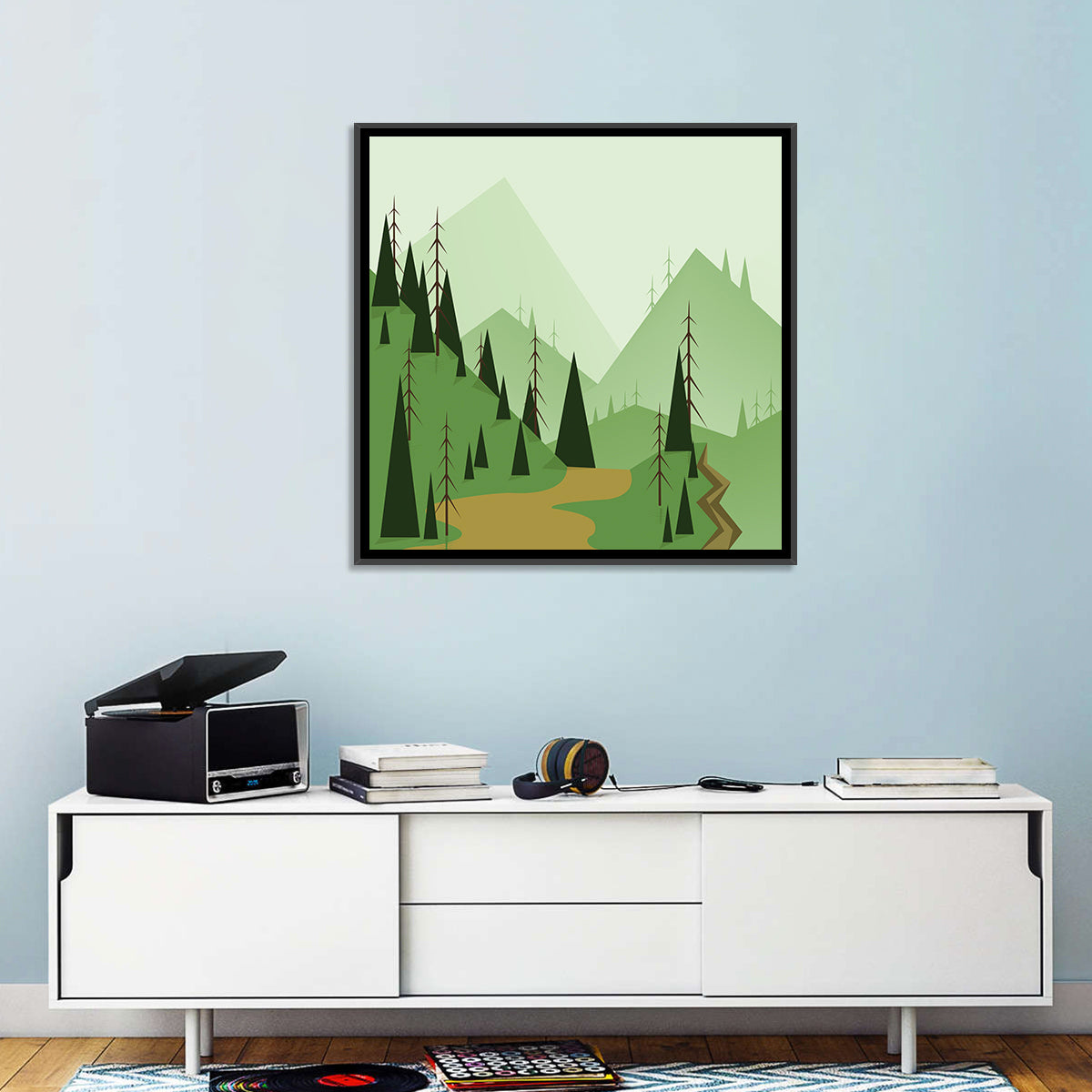 Green Foggy Hills Illustration Wall Art in a room, square