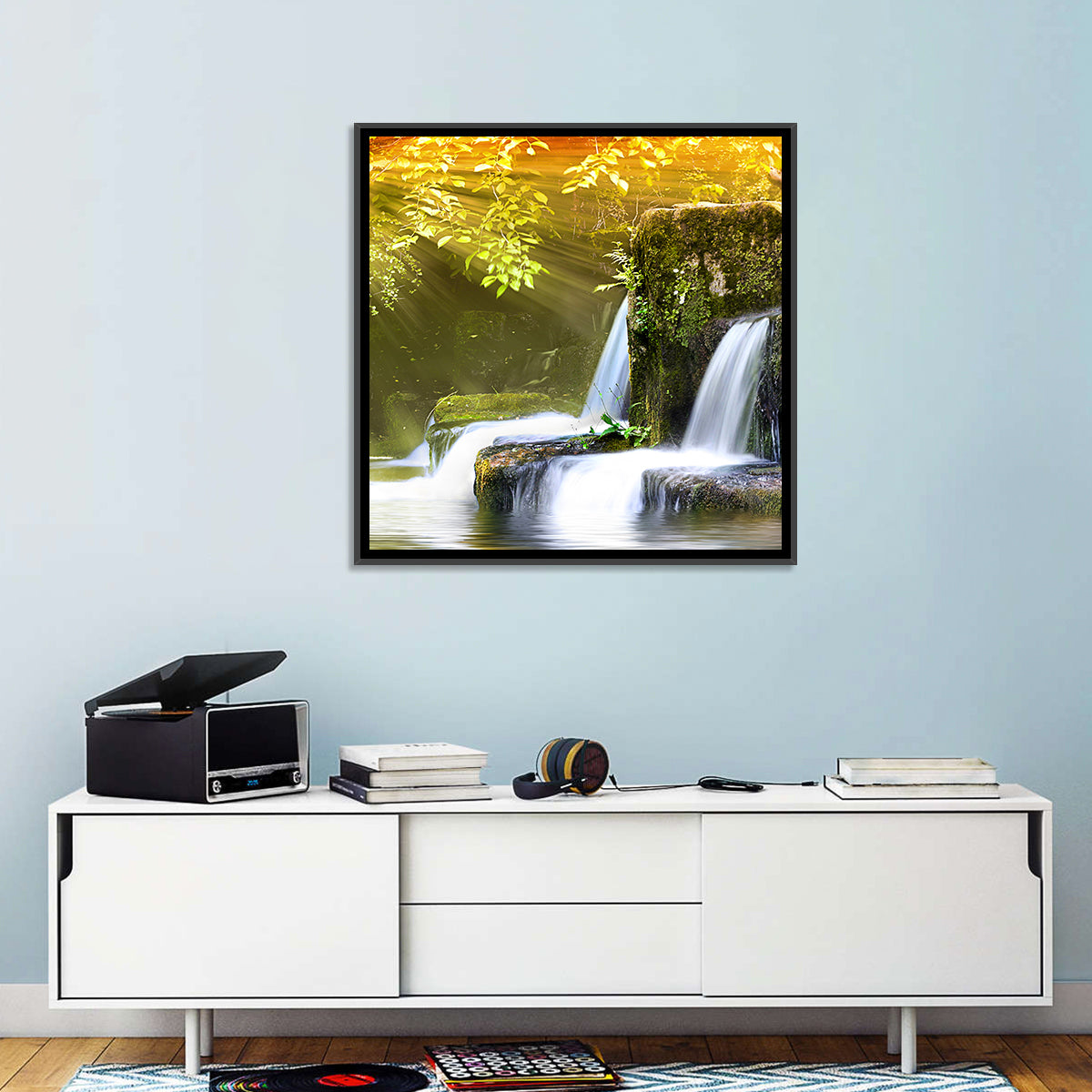 Sunlit Forest Waterfall Wall Art in a room, square