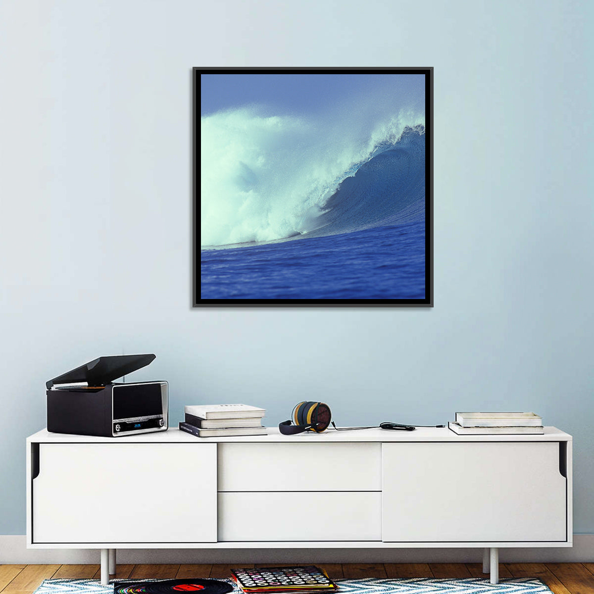 Deep Blue Barrel Wave Wall Art in a room, square