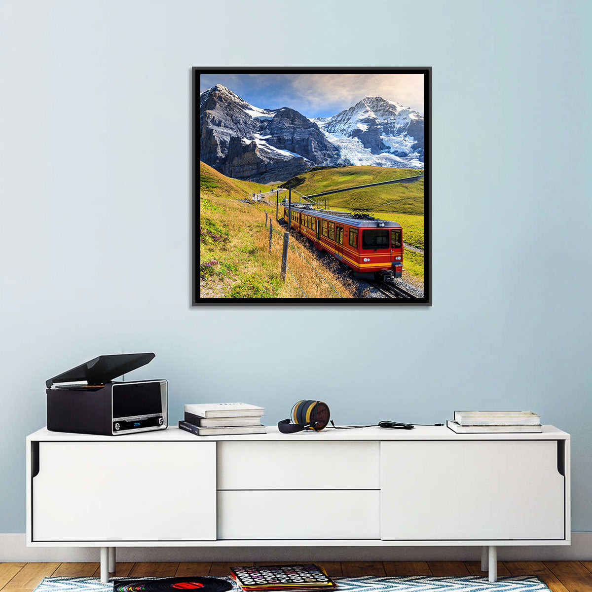 Red Alpine Train at Eiger Wall Art in a room, square