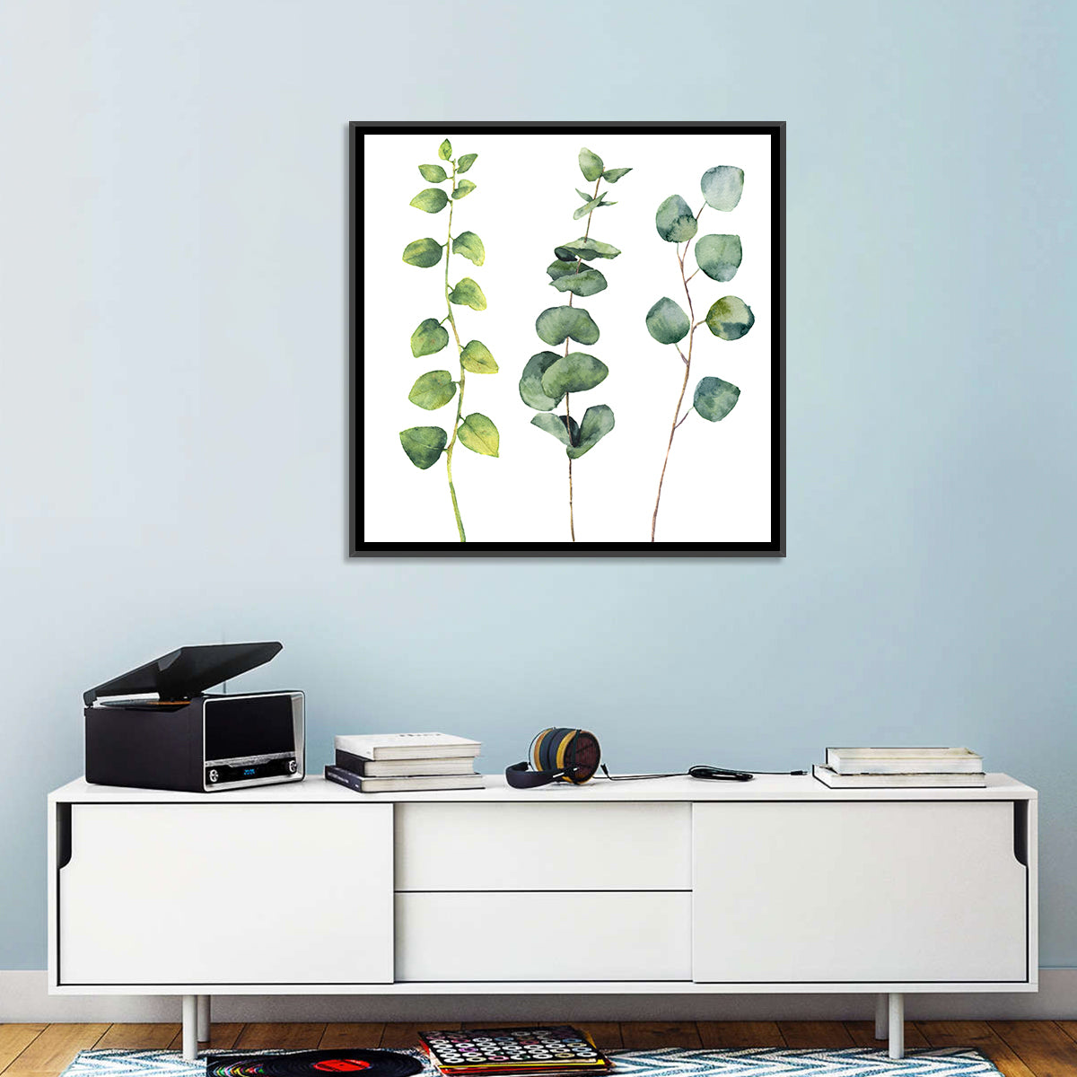 Watercolor Eucalyptus Stems Wall Art in a room, square