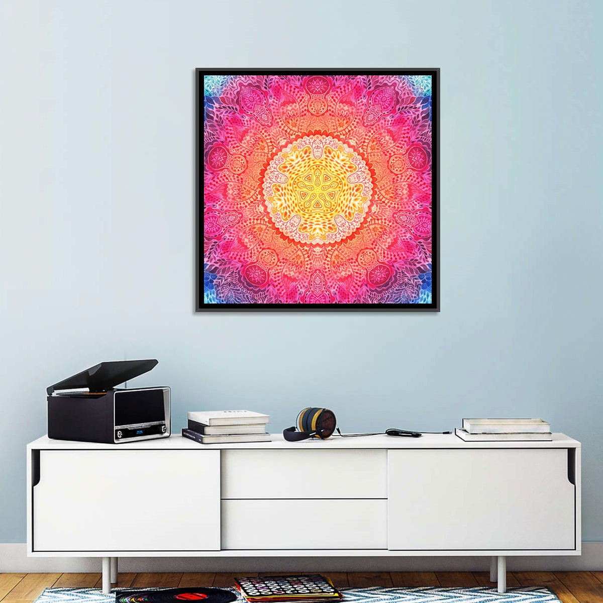 Watercolor Lace Mandala in Pink and Gold Wall Art in a room, square