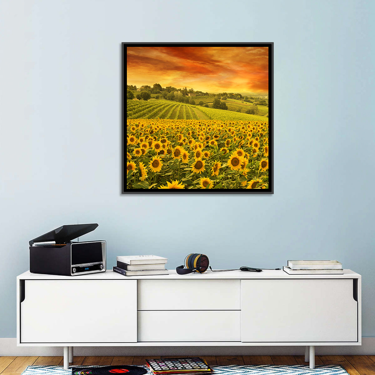 Sunflower Field at Golden Hour Wall Art in a room, square