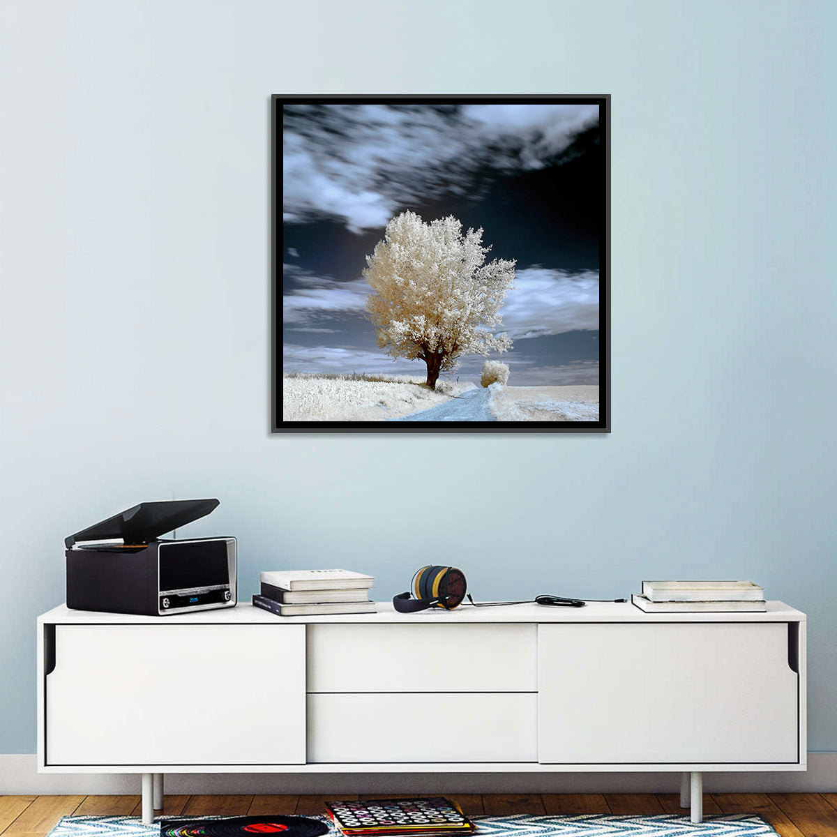 Infrared Winter Willow Tree Wall Art in a room, square
