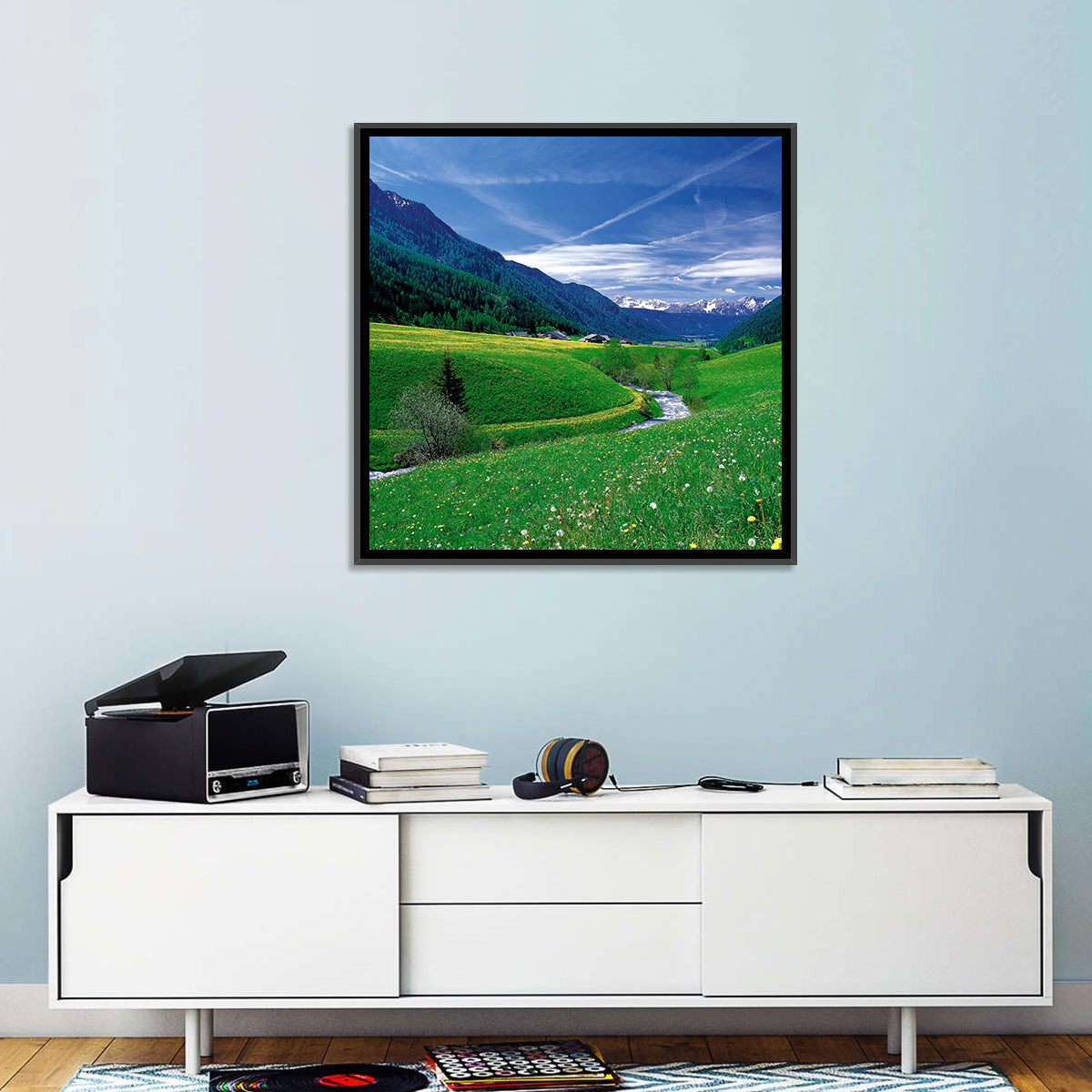 Snow-capped Peaks and Floral Meadow Wall Art in a room, square