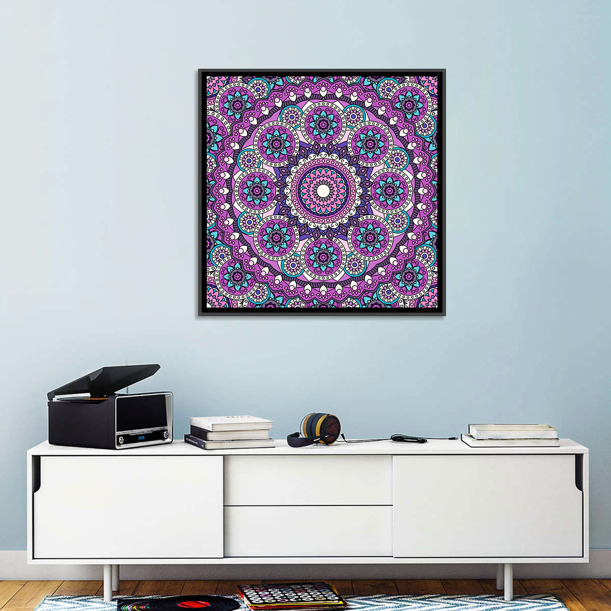 Vibrant Purple Teal Mandala Pattern Wall Art in a room, square