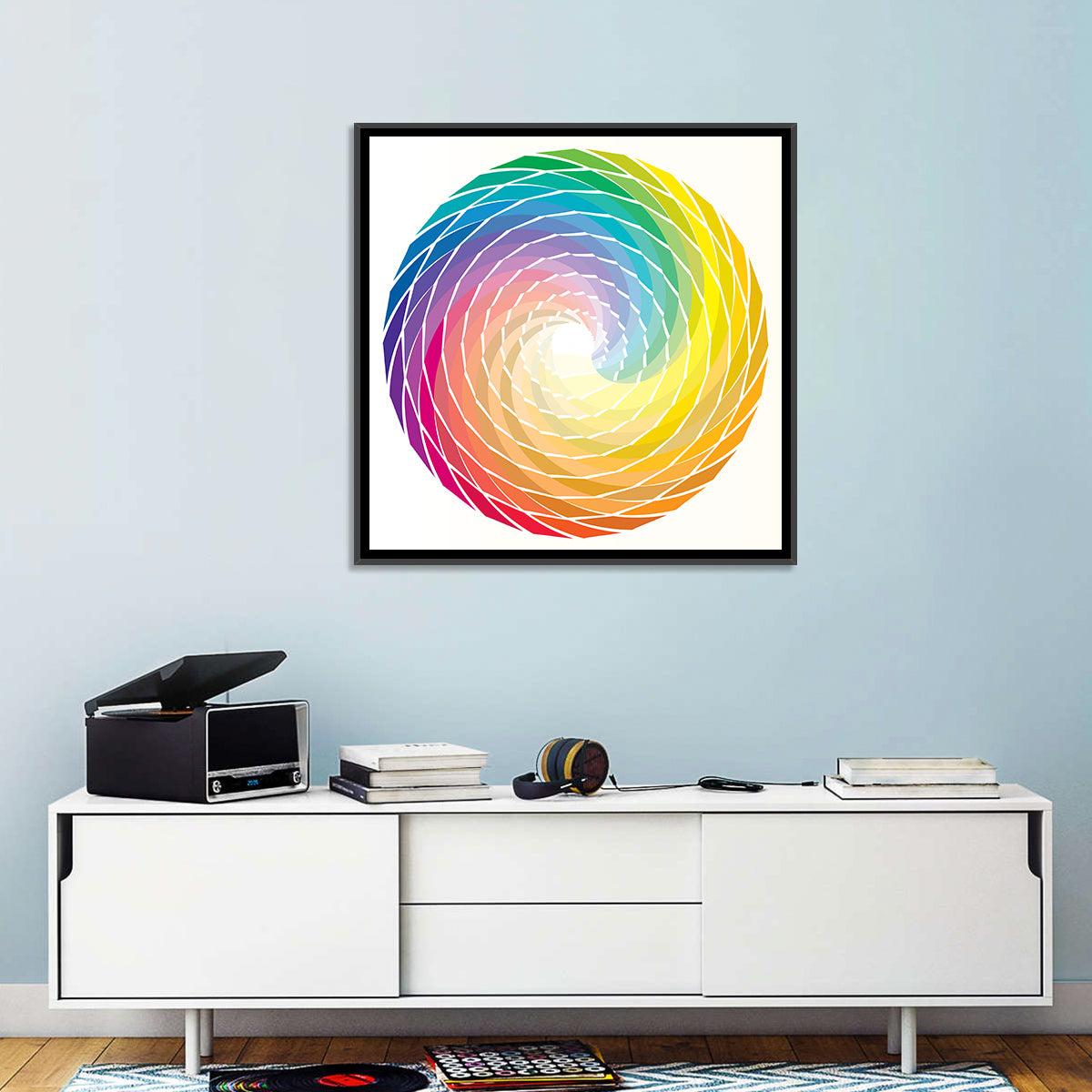 Radial Rainbow Spiral Wall Art in a room, square